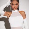 SHEIN SXY Solid Halter Neck Mesh Insert Bodysuit With Arm Sleeves