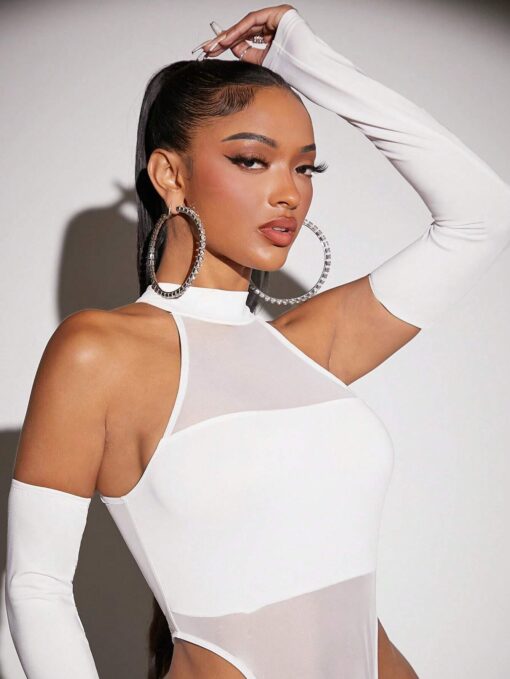 SHEIN SXY Solid Halter Neck Mesh Insert Bodysuit With Arm Sleeves - Image 3