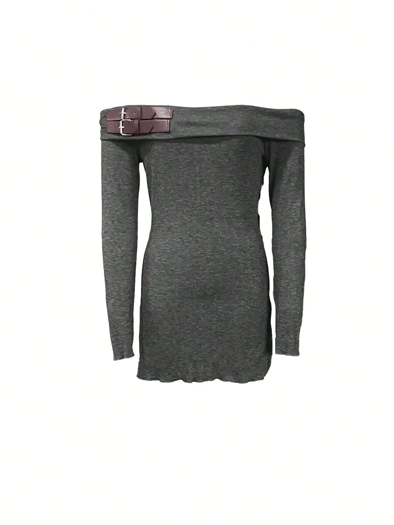 SHEIN SXY Women's Off Shoulder Solid Color Buckle Decor Fitted Mini Dress - Image 4