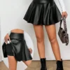 SHEIN Women's Solid Color Pleated PU Leather Fashionable Mini Skirt