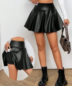 SHEIN Women's Solid Color Pleated PU Leather Fashionable Mini Skirt