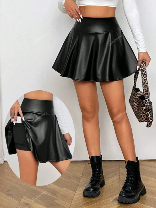 SHEIN Women's Solid Color Pleated PU Leather Fashionable Mini Skirt