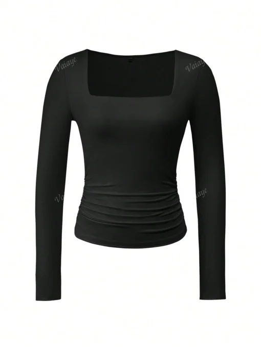 shein Y2K Long Sleeved Square Neck Slim Fit Temperament T Shirt - Image 3