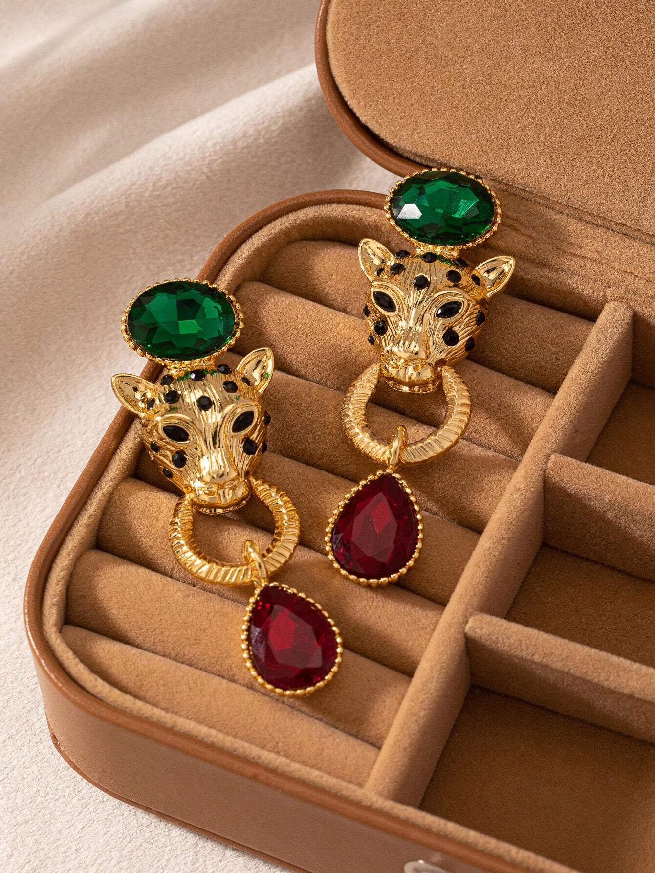 SHEIN 1 Pair Vintage 3D Cheetah Fully Embellished Exaggerated Niche High-End Earrings - Image 2