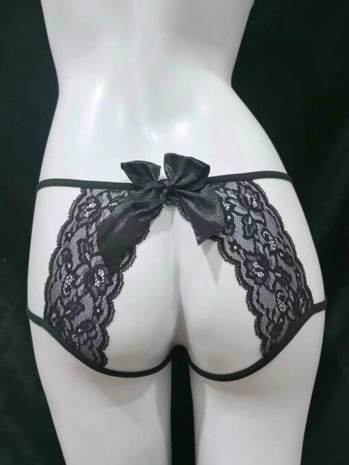SHEIN 1pc Women's Black Lace Bow Knot Sexy Low-Waist T-Back Thong Panties