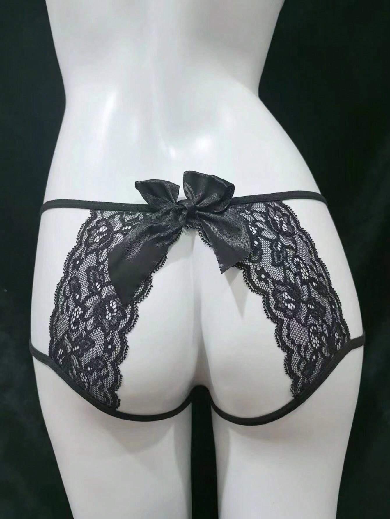 SHEIN 1pc Women's Black Lace Bow Knot Sexy Low-Waist T-Back Thong Panties