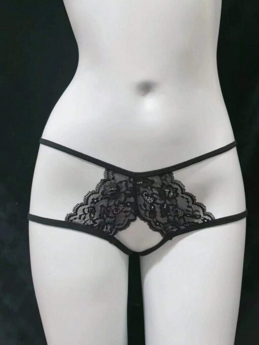 SHEIN 1pc Women's Black Lace Bow Knot Sexy Low-Waist T-Back Thong Panties - Image 2