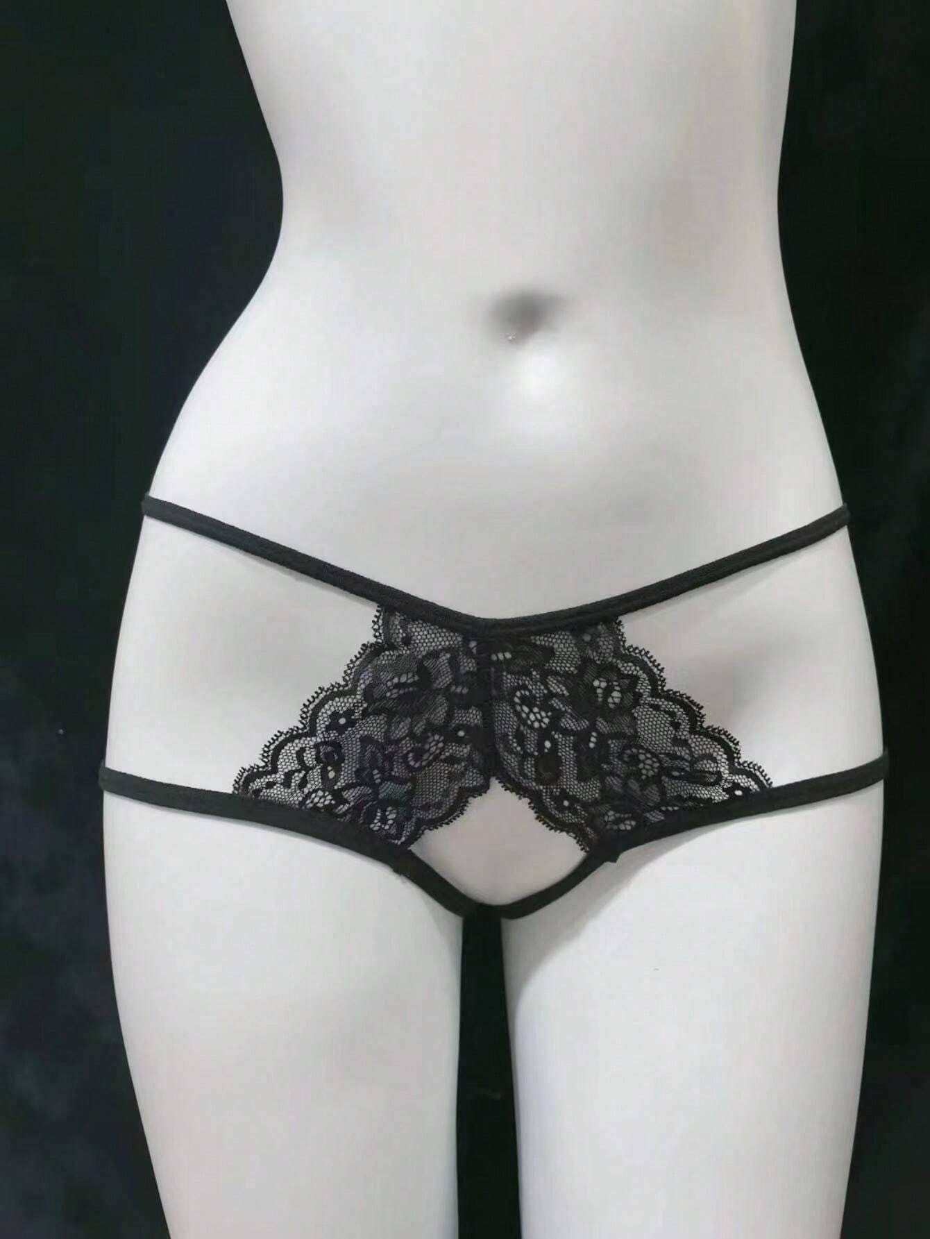SHEIN 1pc Women's Black Lace Bow Knot Sexy Low-Waist T-Back Thong Panties - Image 2