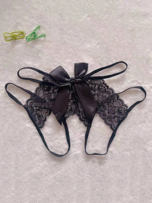 SHEIN 1pc Women's Black Lace Bow Knot Sexy Low-Waist T-Back Thong Panties - Image 3