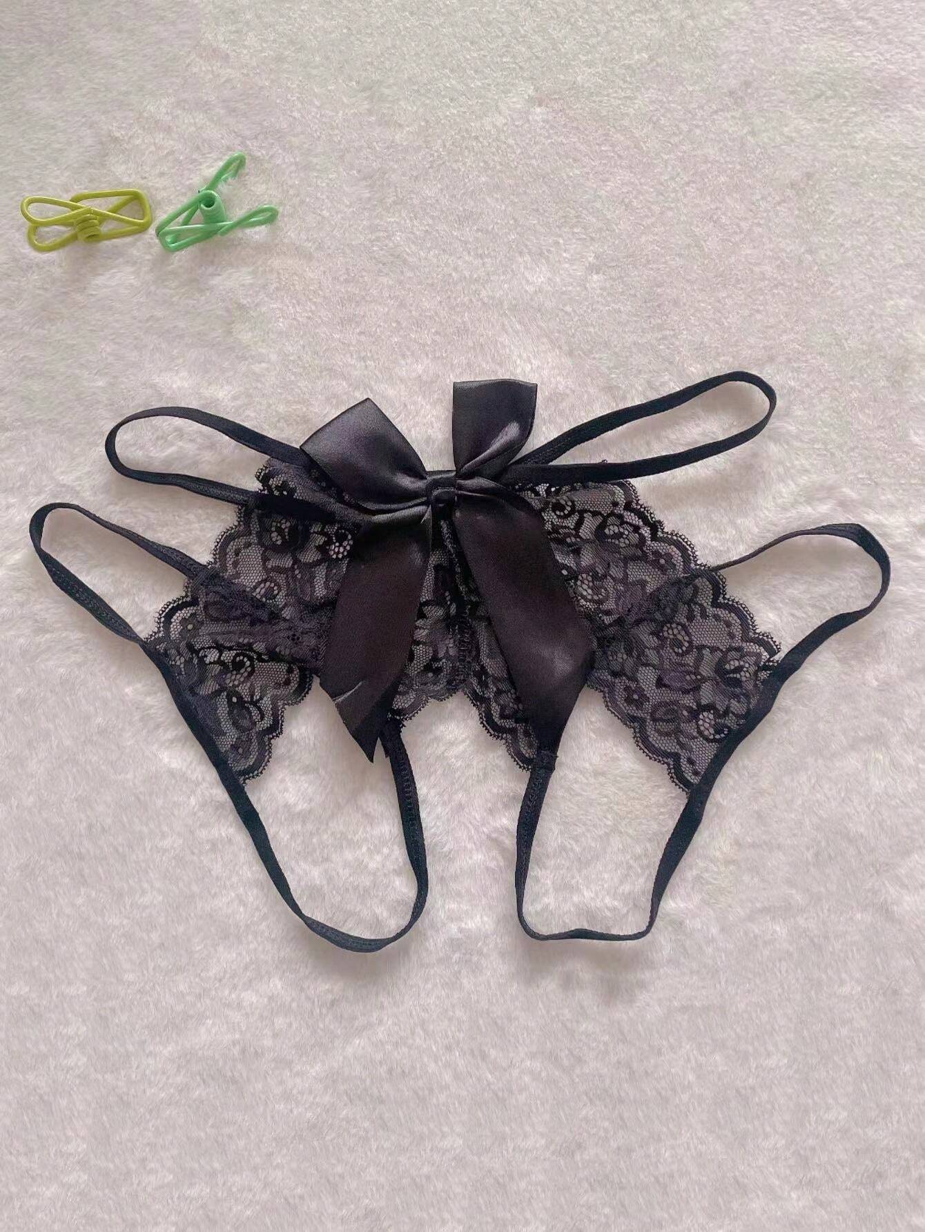 SHEIN 1pc Women's Black Lace Bow Knot Sexy Low-Waist T-Back Thong Panties - Image 3