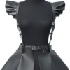 1pc Women's Pu Leather Skirt With Ruffle Hem, Gothic Style Waist & Shoulder Belt