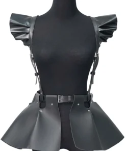 1pc Women's Pu Leather Skirt With Ruffle Hem, Gothic Style Waist & Shoulder Belt