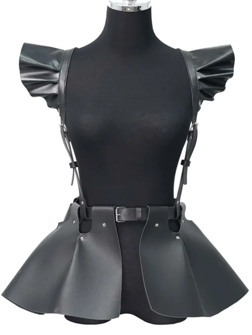 1pc Women's Pu Leather Skirt With Ruffle Hem, Gothic Style Waist & Shoulder Belt