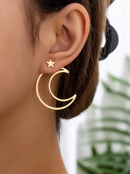 SHEIN 2 Pieces/Set Of Light Luxury Star Moon Style Hollow Metal Design