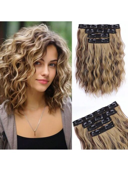 shein 4pcs Short Water Wave Curly Fluffy Hair Extensions Clip-In Hair