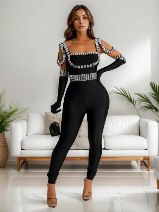 SHEIN Fashionable Slim Fit Rhinestone Embellished Jumpsuit, Versatile Style