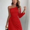 SHEIN Firerie Women Elegant Solid Color Asymmetric Neck Pleated Mini Dress