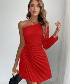 SHEIN Firerie Women Elegant Solid Color Asymmetric Neck Pleated Mini Dress