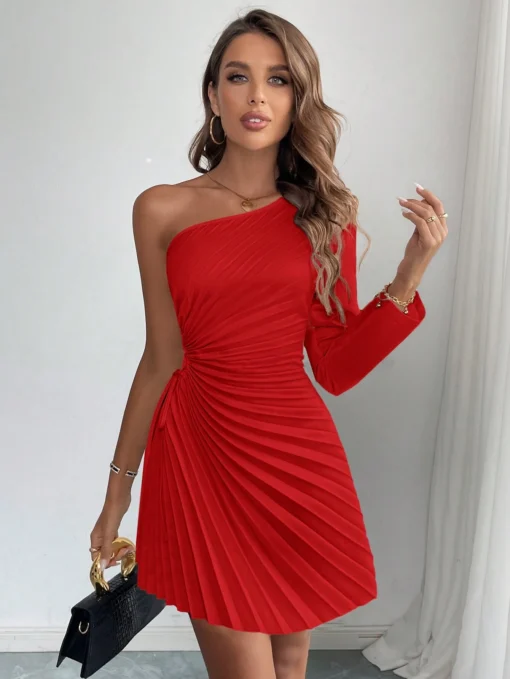 SHEIN Firerie Women Elegant Solid Color Asymmetric Neck Pleated Mini Dress