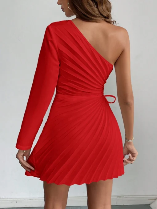 SHEIN Firerie Women Elegant Solid Color Asymmetric Neck Pleated Mini Dress - Image 2