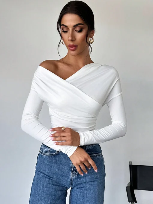 SHEIN Firerie Women's Solid Color Asymmetrical Collar Wrap T-Shirt - Image 3