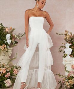 SHEIN L'Amorae Tiered Ruffle Mesh Overlay Tube Jumpsuit