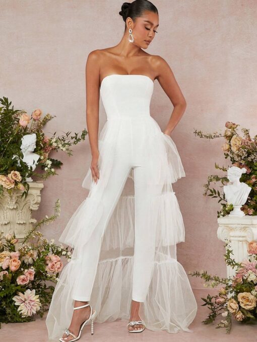 SHEIN L'Amorae Tiered Ruffle Mesh Overlay Tube Jumpsuit