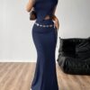 SHEIN EZwear Women Summer Solid Color Off Shoulder Slit Hem Slim Fit Top And Long Fish Tail Hem Casual Skirt Two-Piece