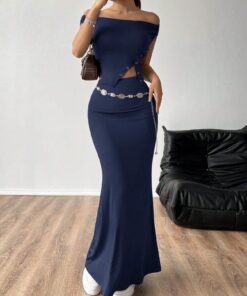 SHEIN EZwear Women Summer Solid Color Off Shoulder Slit Hem Slim Fit Top And Long Fish Tail Hem Casual Skirt Two-Piece