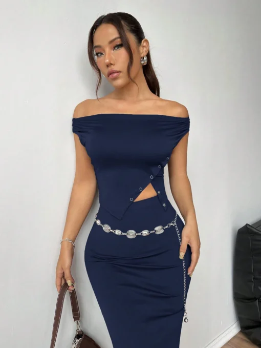 SHEIN EZwear Women Summer Solid Color Off Shoulder Slit Hem Slim Fit Top And Long Fish Tail Hem Casual Skirt Two-Piece - Image 3