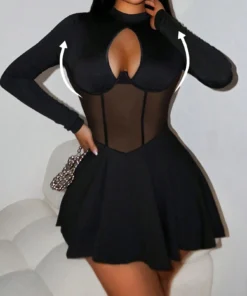 SHEIN Foxxy Solid Color Mesh Contrast See-Through Umbrella Dress