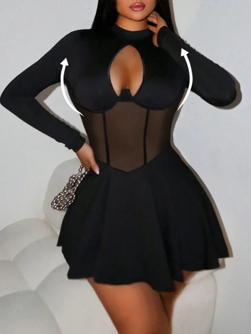 SHEIN Foxxy Solid Color Mesh Contrast See-Through Umbrella Dress