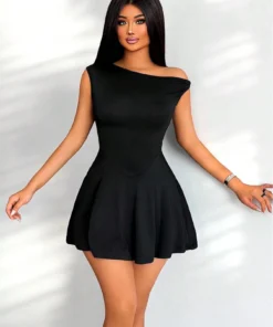 SHEIN Foxxy Women Summer Simple Solid Color Asymmetrical Neckline Short Fashionable Dress