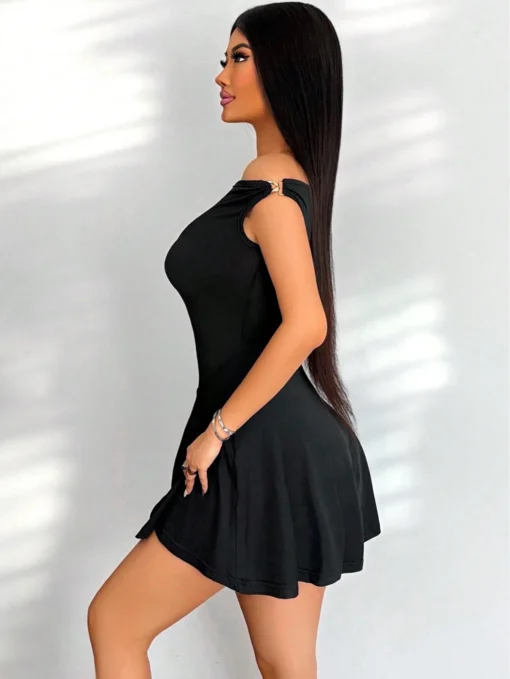 SHEIN Foxxy Women Summer Simple Solid Color Asymmetrical Neckline Short Fashionable Dress - Image 3