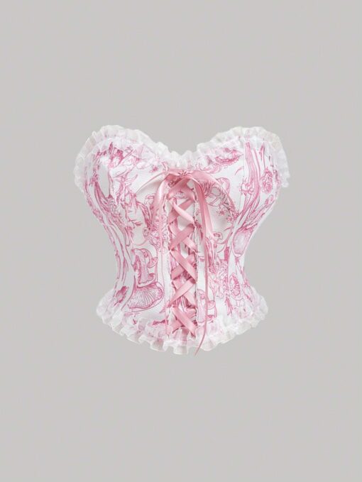 SHEIN MOD Ladies' Lace-Up Decor Flower Pattern Bustier With Floral Patchwork,Milkmaid Tops