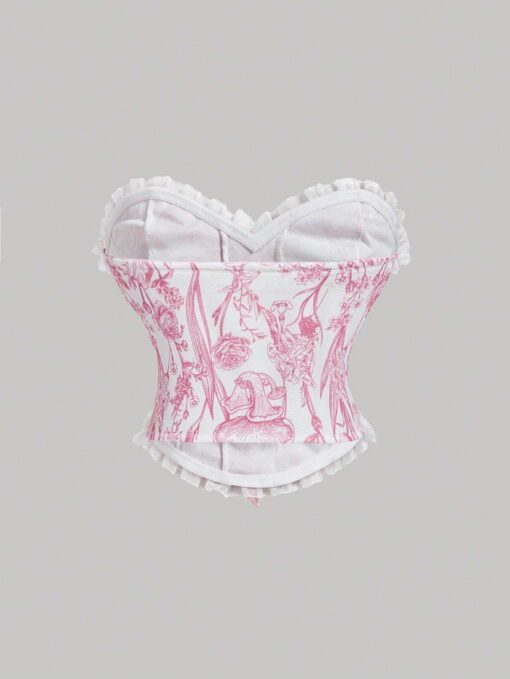 SHEIN MOD Ladies' Lace-Up Decor Flower Pattern Bustier With Floral Patchwork,Milkmaid Tops - Image 2