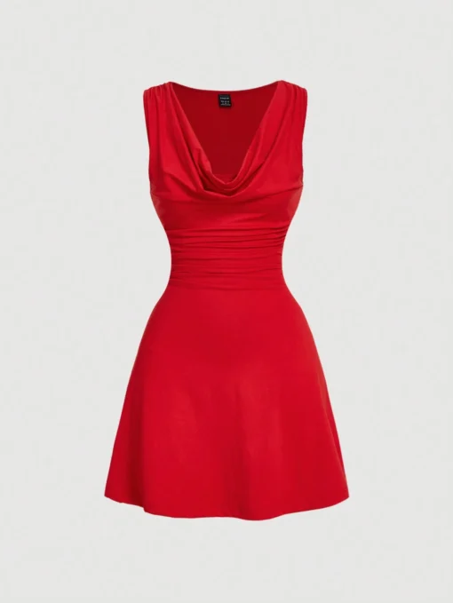 SHEIN MOD Romantic Red Draped Neck Mini Christmas Dress