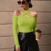 SHEIN Privé Solid Criss Cross Halter Neck Tee
