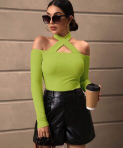 SHEIN Privé Solid Criss Cross Halter Neck Tee