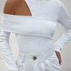 SHEIN Relaxiva Women's Solid Ribbed Knit Stand Collar Hollow Out Long Sleeve T-Shirt