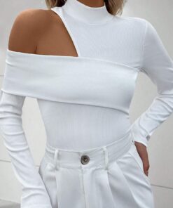 SHEIN Relaxiva Women's Solid Ribbed Knit Stand Collar Hollow Out Long Sleeve T-Shirt