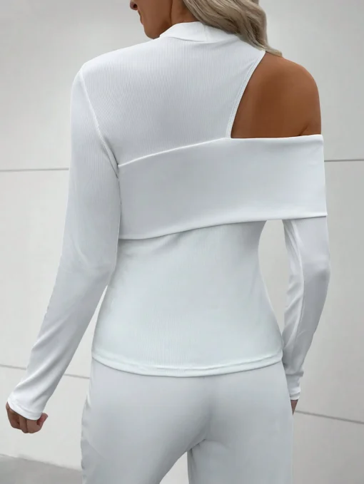 SHEIN Relaxiva Women's Solid Ribbed Knit Stand Collar Hollow Out Long Sleeve T-Shirt - Image 2