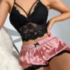 SHEIN SilkySpell Floral Lace Bow Front Satin PJ Set / Pajama Set