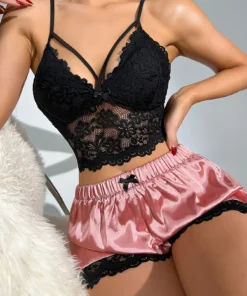 SHEIN SilkySpell Floral Lace Bow Front Satin PJ Set / Pajama Set