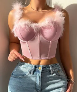 SHEIN Women's Romantic Sexy Mesh Furry Decor Boned Bustier Top
