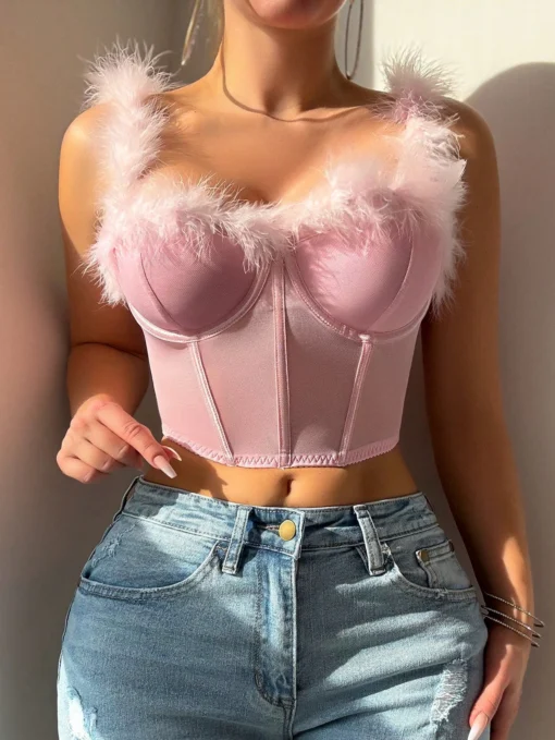 SHEIN Women's Romantic Sexy Mesh Furry Decor Boned Bustier Top