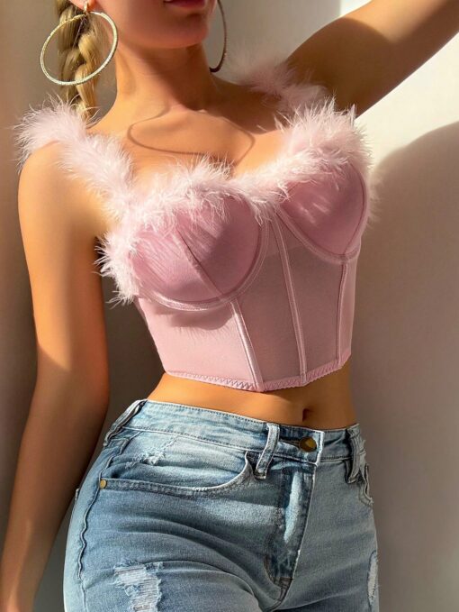 SHEIN Women's Romantic Sexy Mesh Furry Decor Boned Bustier Top - Image 3