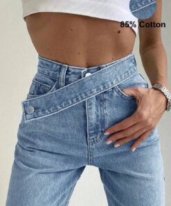 SHEIN Y2K Street Washed Asymmetrical Waist Belt Decor Slant Pocket Wide Leg Cargo Jeans
