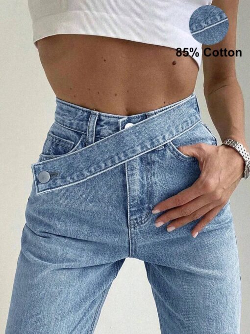 SHEIN Y2K Street Washed Asymmetrical Waist Belt Decor Slant Pocket Wide Leg Cargo Jeans