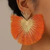 1pair Western Style Personality Retro Exaggerated Heart Shaped Fan Tassel Earrings